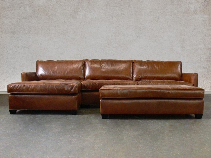 Distressed Tobacco Leather Sectional with Chaise and Ottoman