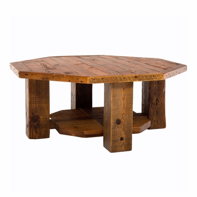 Distressed Wood Octagonal Coffee Table with Lower Shelf for Storage