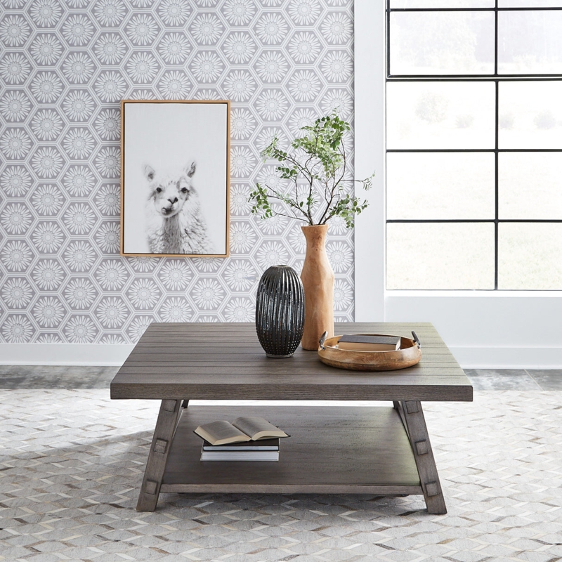 Distressed Wood Square Coffee Table Oversized Plank Top Shelf