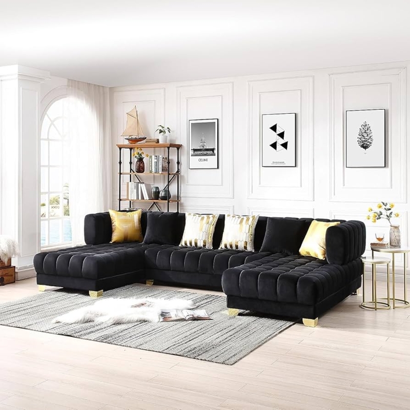 Double Chaise Sectional Sofa U-Shaped Black Velvet Gold Legs