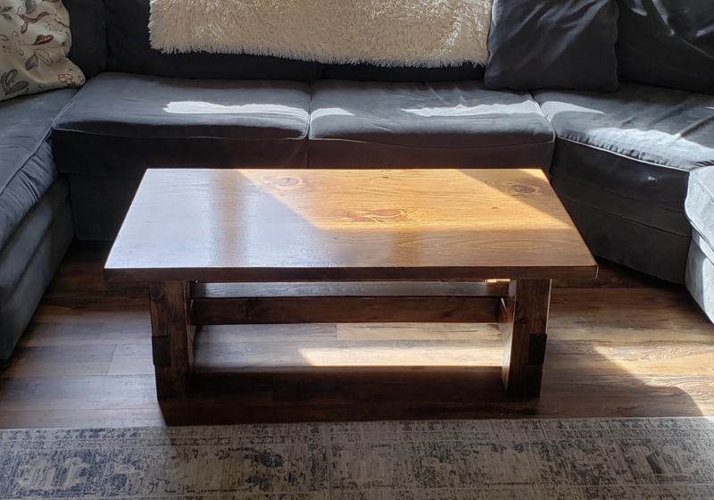 Double Trestle Coffee Table with Reclaimed Barn Beam Saw Mark Texture