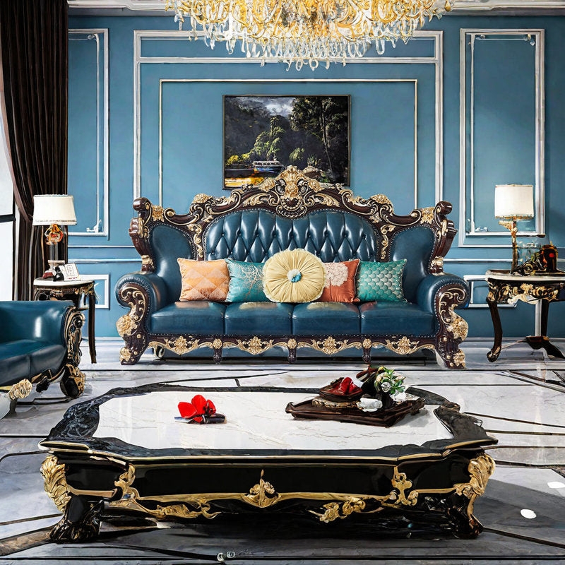 Dramatic Sofa with Royal Blue Upholstery and Gilded Silhouette (67 chars)