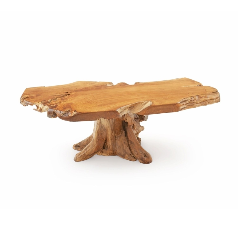 Drum Coffee Table Natural Teak Wood Vertical Slatted Base