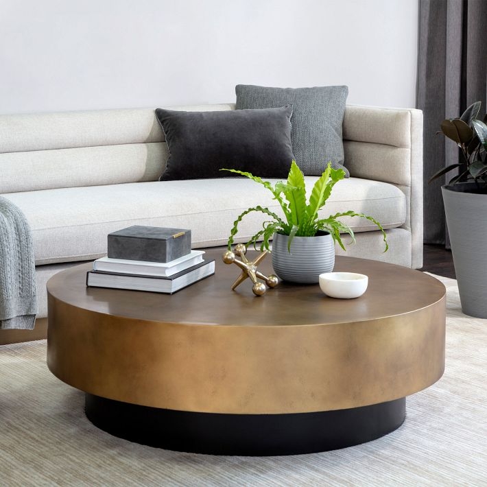 Drum Coffee Table with Metallic Finish and Vertical Ribbed Texture