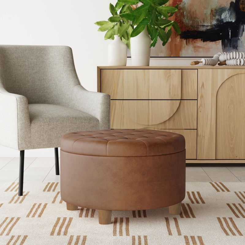 Drum Ottoman Cylindrical Shape Strap Handle Cream Fabric