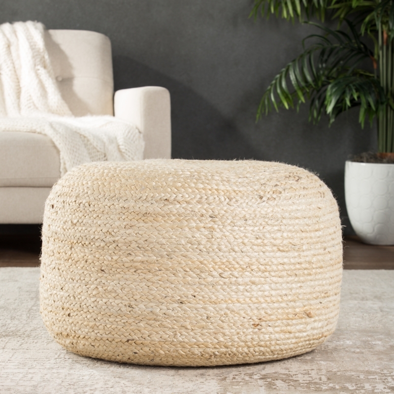 Drum Pouf Ottoman, Ribbed Woven Texture, Natural Jute Coastal Footstool