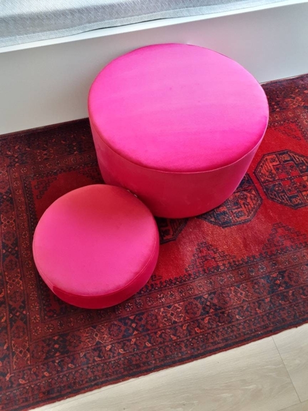 Dusty Pink Velvet Pouf with Pleated Sides and Tufted Top
