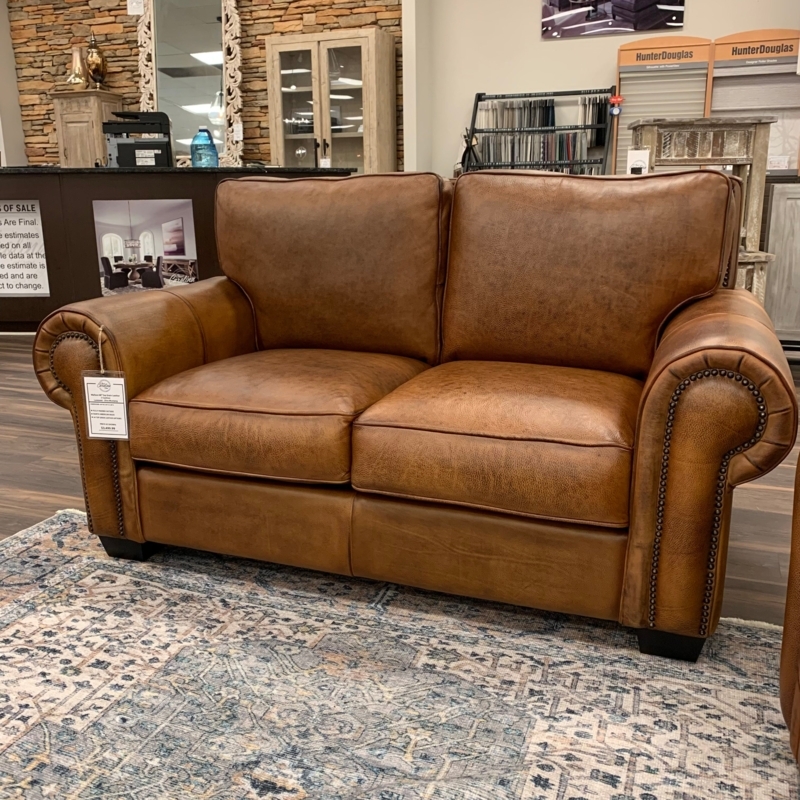 Earthy Loveseat in Cognac Brown Leather-Like with Clean Track Arms