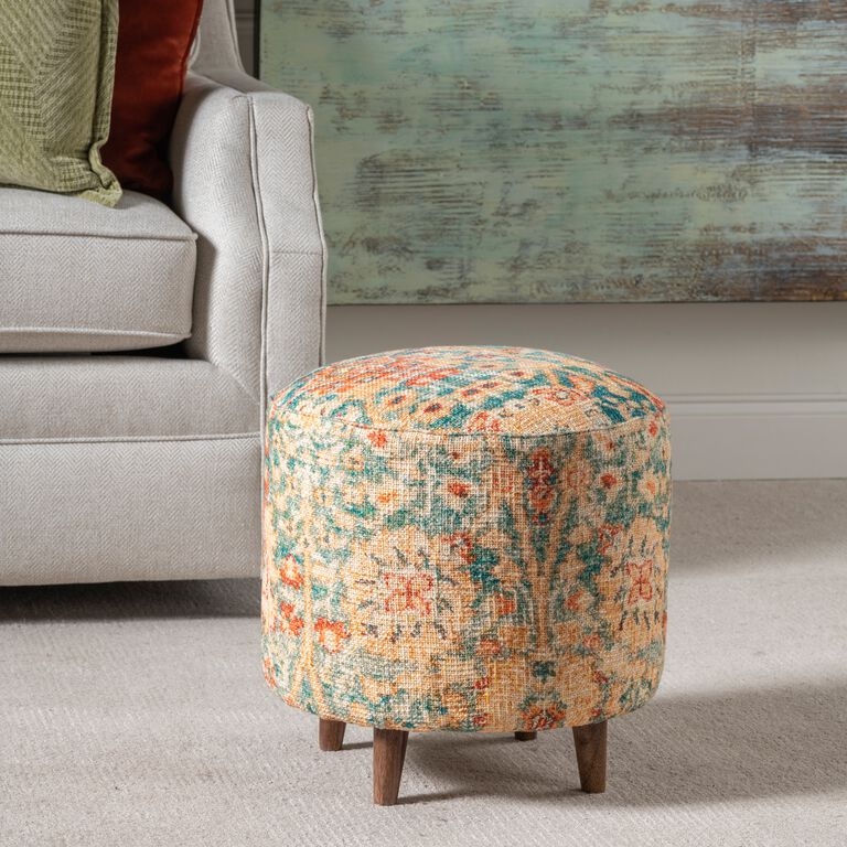 Eclectic Round Geometric Ottoman Woven Fabric Footstool