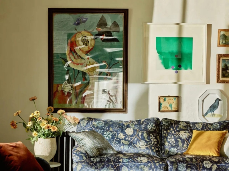 Eclectic Statement Sofa with Folk Inspired Pattern and High Back