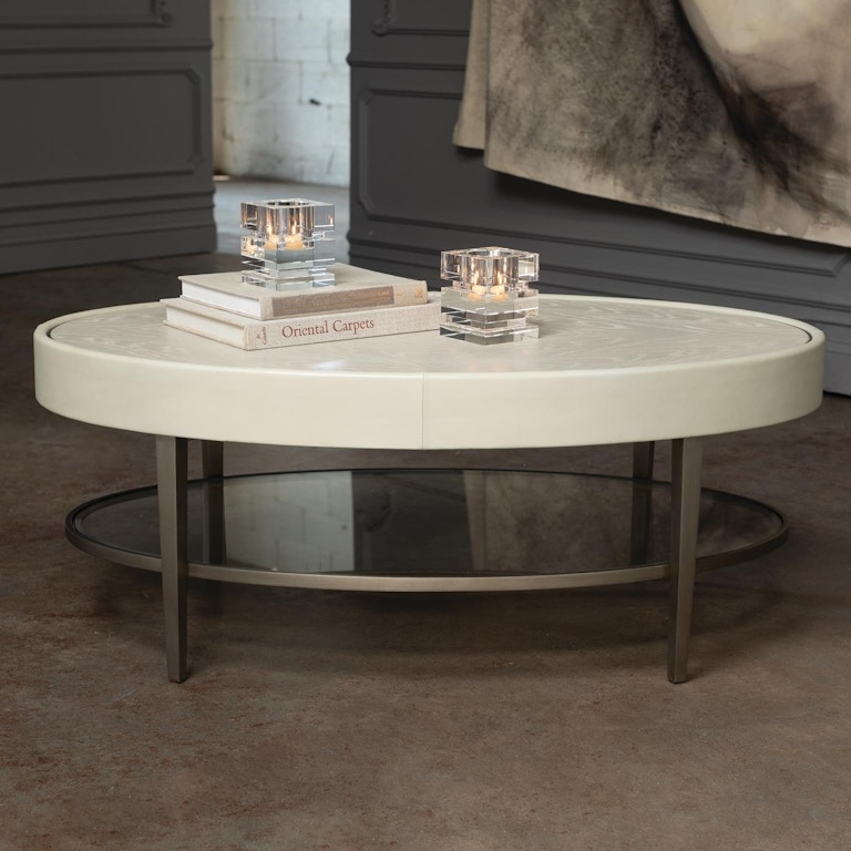 Elliptical Ivory Coffee Table with Twin Pedestal Base