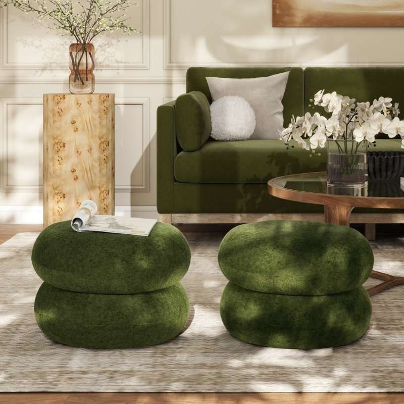 Emerald Green Velvet Pouf Ottoman, Vertical Channeling Gold Base