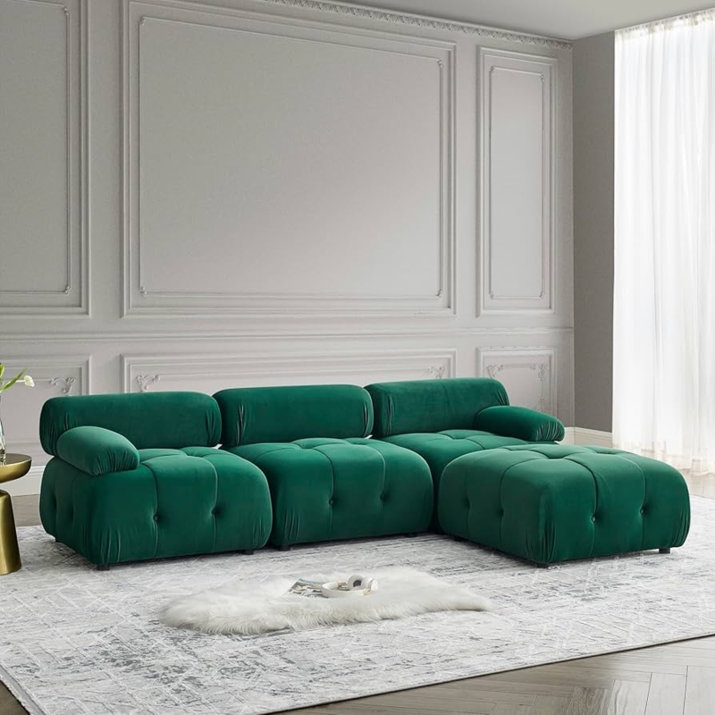 Emerald Green Velvet Sectional Sofa Button Tufted Gold Metal Legs