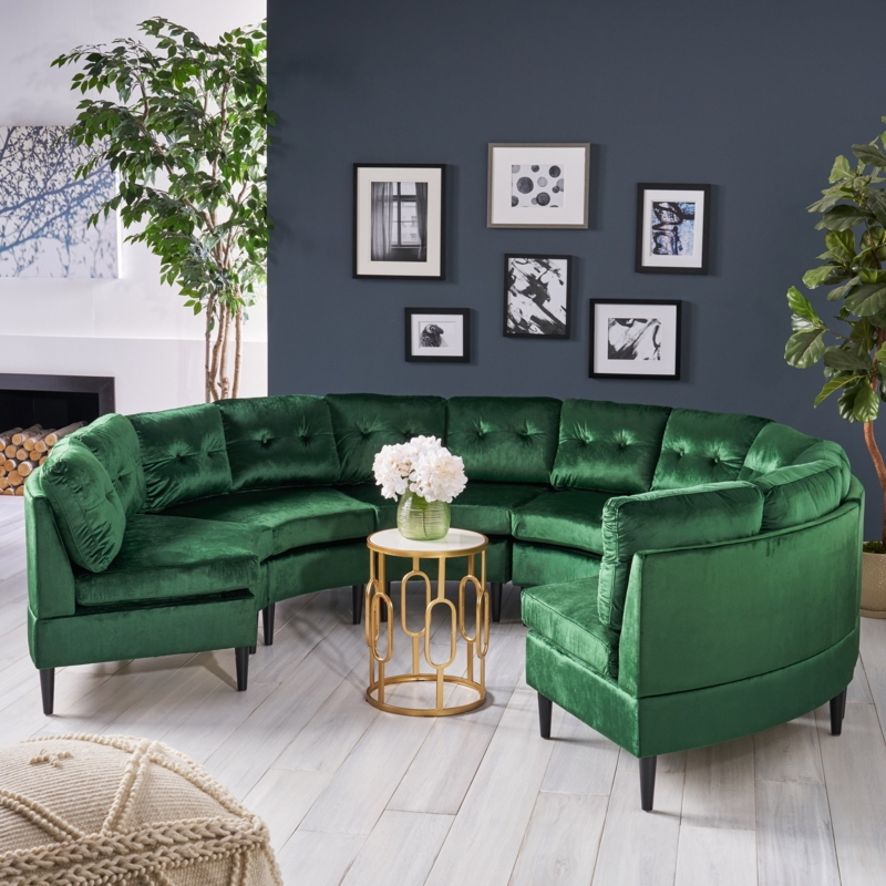 Emerald Green Velvet Sectional Sofa Channel Tufted with Gold Accents