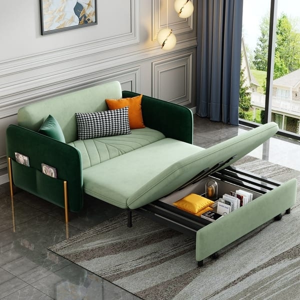 Emerald Green Velvet Sleeper Sofa with Diamond Tufting
