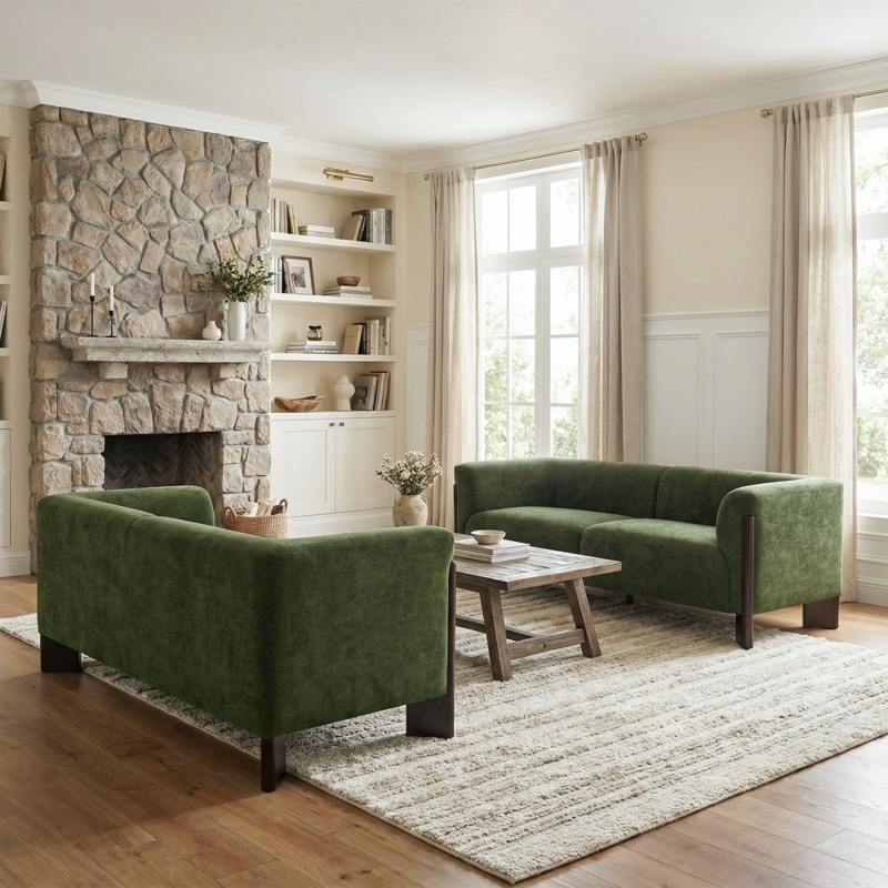 Emerald Green Velvet Tuxedo Sofa Set with Gold Tapered Legs
