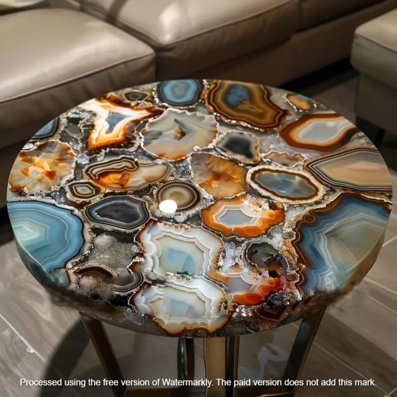 End Table Agate Epoxy Art Round Top Tripod Legs Contemporary Multicolor