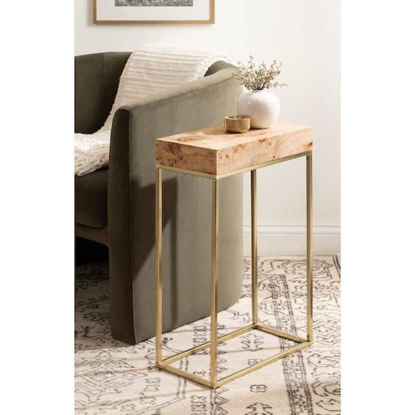 End Table with C-Shaped Base, Gold Metal Frame, Natural Wood Top
