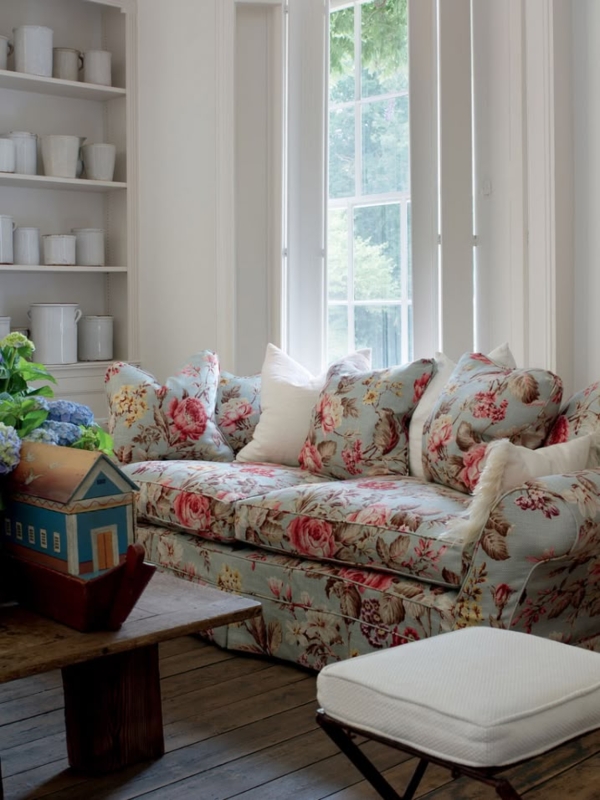 English Cottage Floral Sofa, Rolled Arms, Wainscoting Backdrop