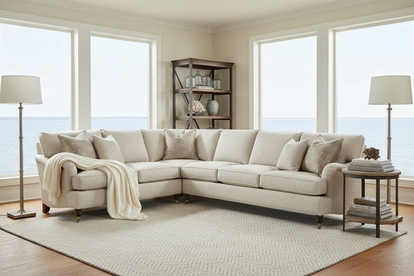 English Roll Arm Sectional Sofa in Beige Fabric with Turned Legs