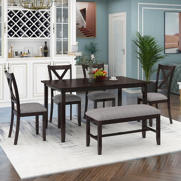 Espresso Dining Table Set: Cross Back Chairs & Upholstered Bench