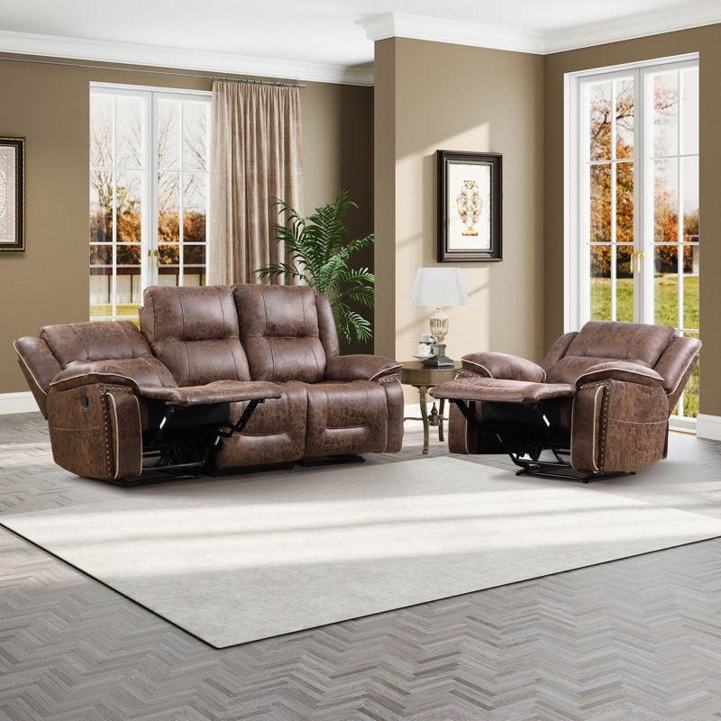Espresso Distressed Faux Leather Reclining Sofa and Chair Set