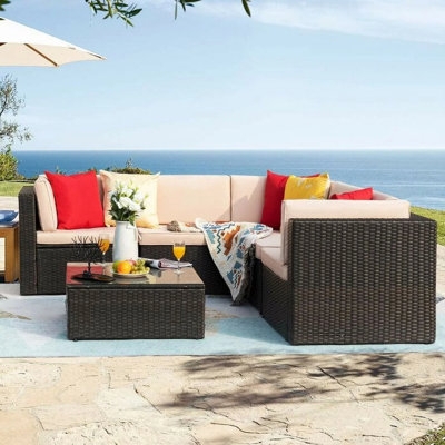 Espresso Weave Outdoor Sectional Seating Group with Table