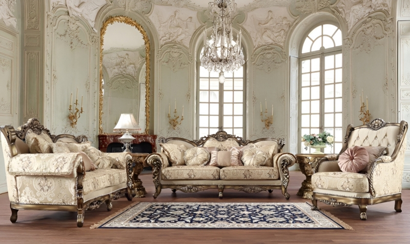European Baroque Style Furniture Set Brown Antique Gold Trim Tufted