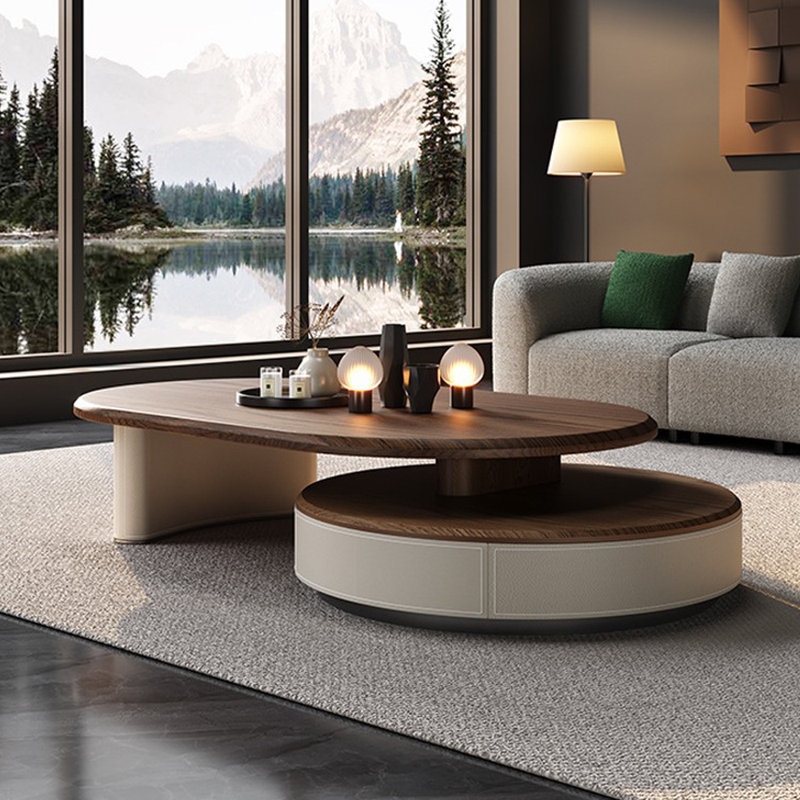 Expandable Round Coffee Table, Tiered Surface, Splayed Legs