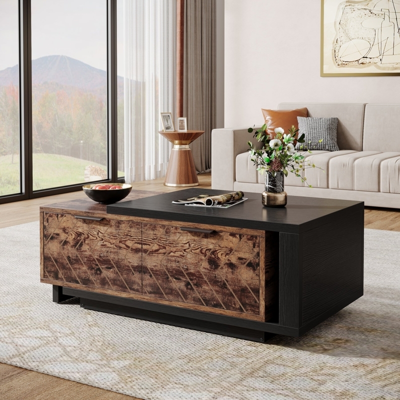 Extendable Storage Coffee Table, Two-Tone Walnut & Oak