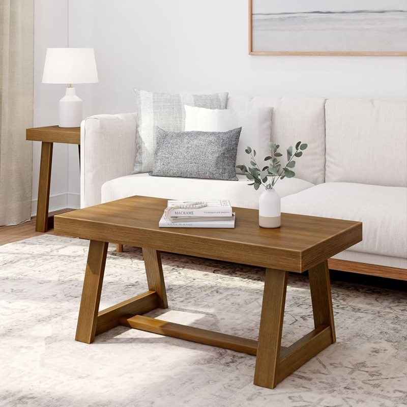 Farmhouse Coffee Table, Wirebrushed Wood Toned Shelf