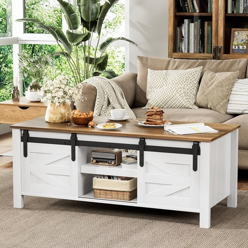 Farmhouse Coffee Table With Storage Sliding Barn Doors White Metal Accents