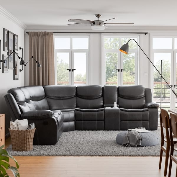 Faux Leather Reclining Sectional with Contrast Stitching and Console
