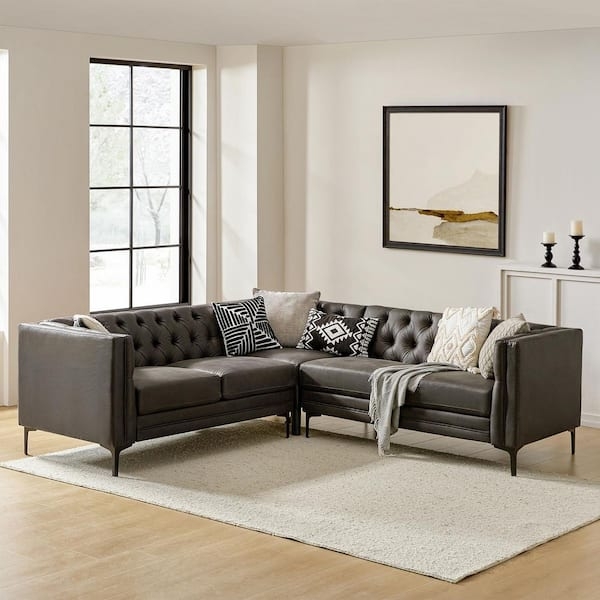Faux Leather Sectional Sofa Tufted Back Square Arms Charcoal Gray