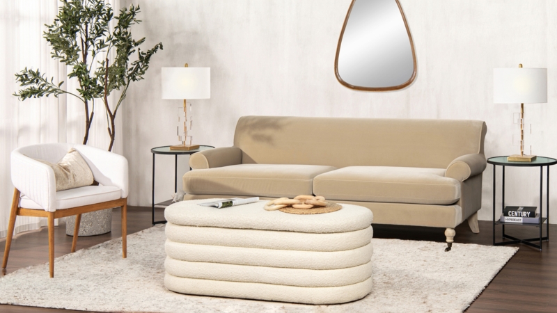Fawn Brown Sofa Two Cushion Seat Tight Back Tapered Legs Contemporary