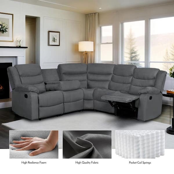 Five-Seater Sectional Sofa Drop-Down Table Linen Texture Contemporary