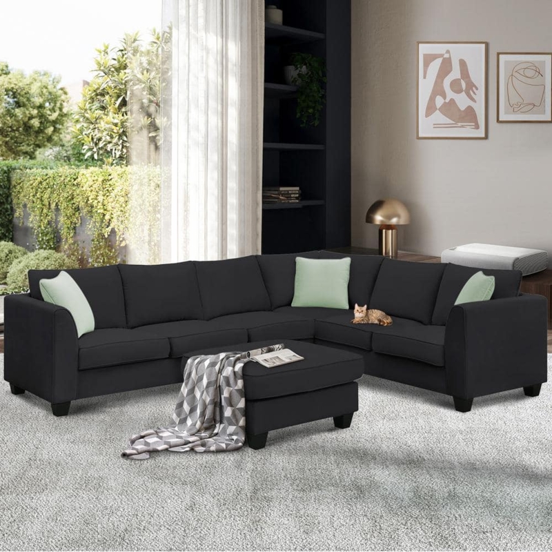 Flared Arm Fabric Sectional Sofa with Ottoman, Tapered Legs L-Shaped