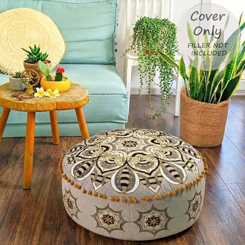 Floor Pillow Oversized Round Navy Blue Metallic Gold Mandala Boho