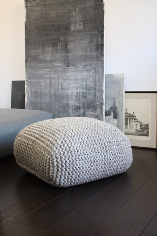 Floor Pouf Chunky Knit Off-White Square Silhouette Oversized Knit Braided