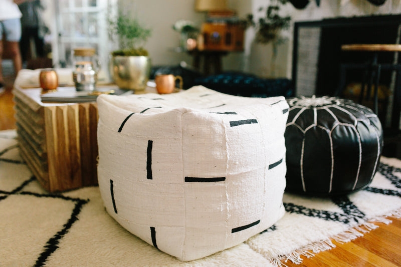 Floor Pouf Mudcloth Pattern Cream Black Cube Shape Modern Bohemian Decor
