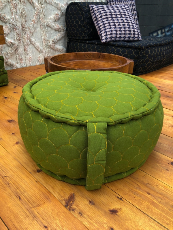 Floor Pouf Round Moss Green Canvas Texture with Integrated Handle