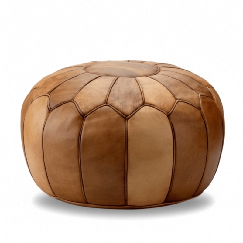 Floor Pouf Round Tan Radial Top Stitching Handcrafted Look Artisanal