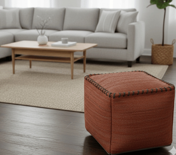 Floor Pouf Rust Tribal Geometric Pattern Chunky Jute Weave Boho