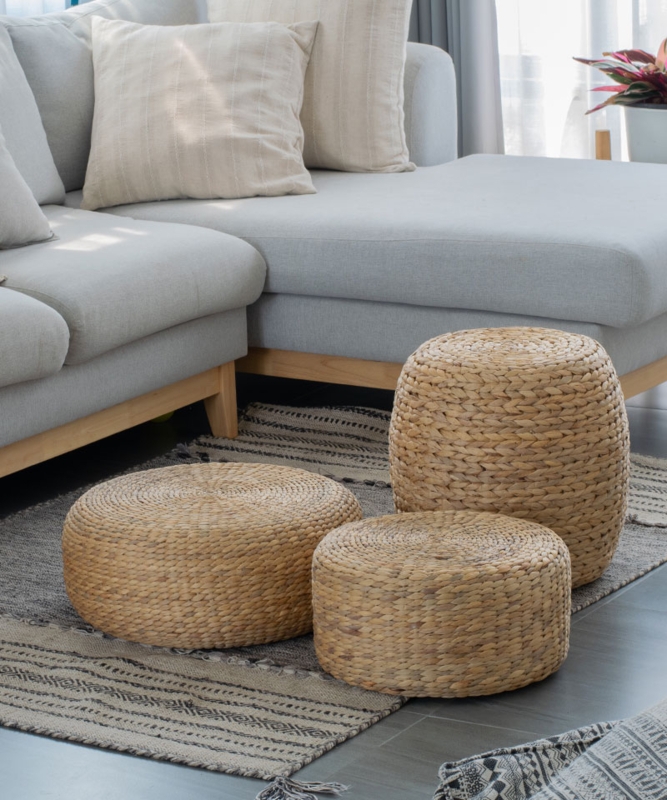 Floor Pouf Set Braided Water Hyacinth Natural Woven Boho Floor Cushion