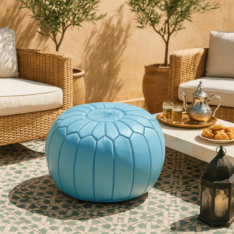 Floor Pouf Sky Blue Moroccan Leather Style Artisanal Embroidery