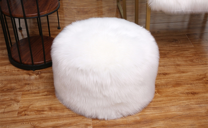 Floor Pouf White Shaggy Faux Fur Round Ottoman Foot Rest