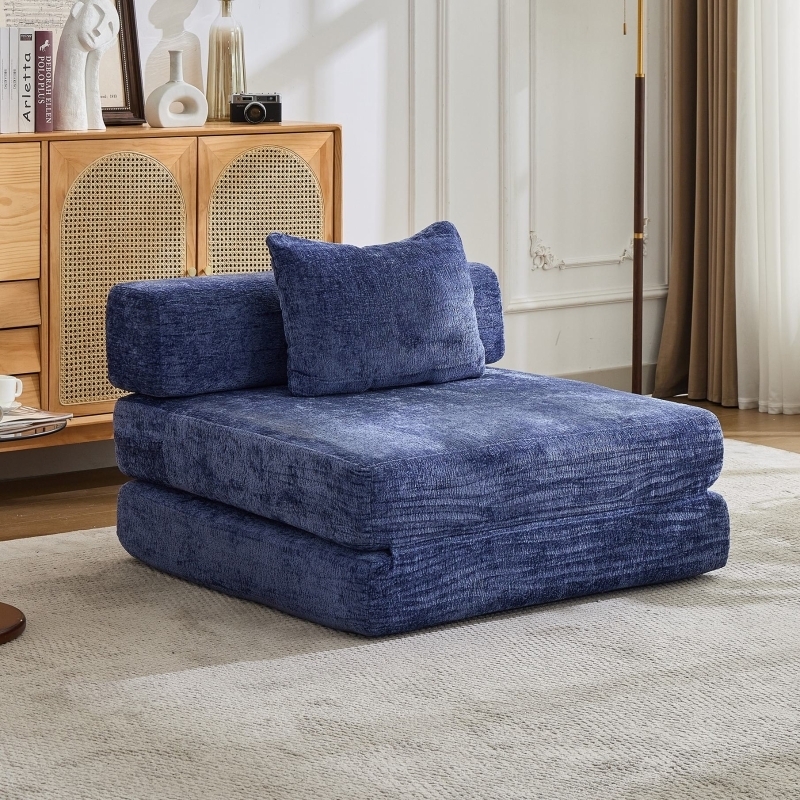 Floor Sofa Dark Blue Quilted Surface Low Profile Convertible