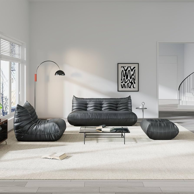 Floor Sofa Set with Biscuit Tufting in Black Faux Leather