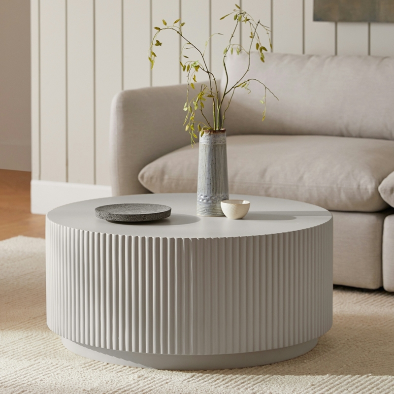 Fluted Pedestal Coffee Table in Matte Taupe Concrete Finish