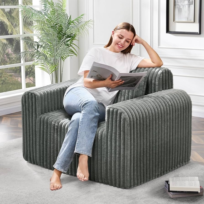 Foam Sofa with Shaggy Faux Fur and Floor Hugging Silhouette in Grey